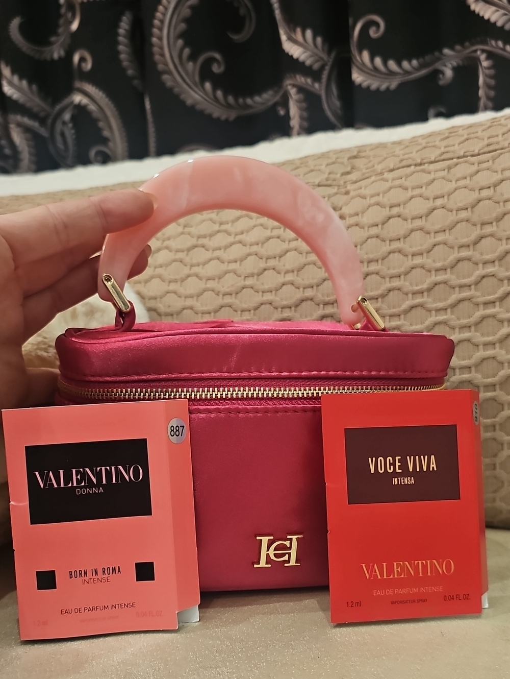 CAROLINE Hererra Hot Pink Case with Gold Hardware & Pink Marble Handle